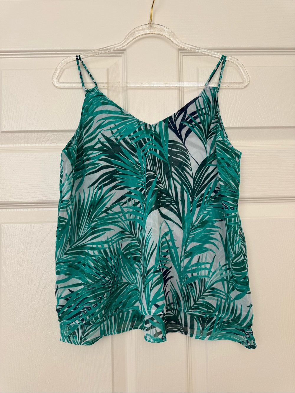 Ann Taylor Green Palm-Print Spaghetti Double Strap Tank Top